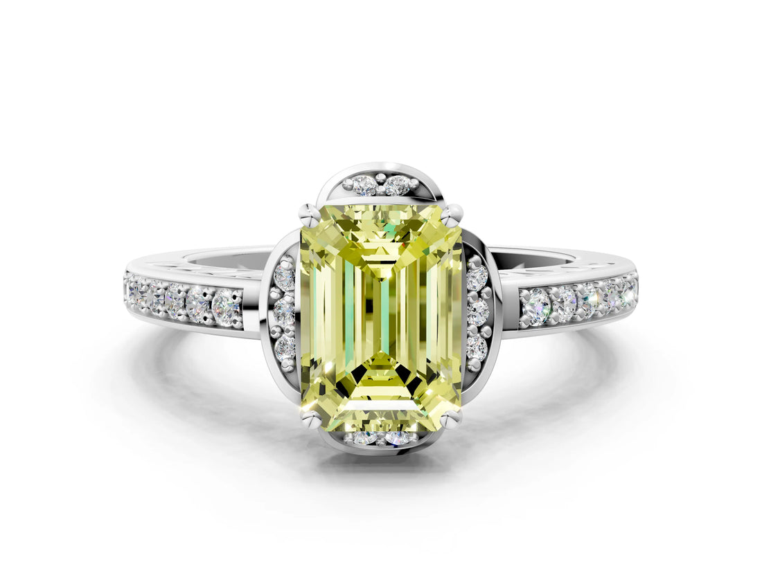 White gold Fancy Yellow Emerald  Cut Halo Diamond Ring with Channel Set Band and Four-Prong Setting_32