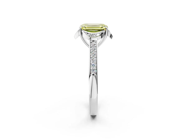 White gold Fancy Yellow Emerald  Cut Halo Diamond Ring with Channel Set Band and Four-Prong Setting
