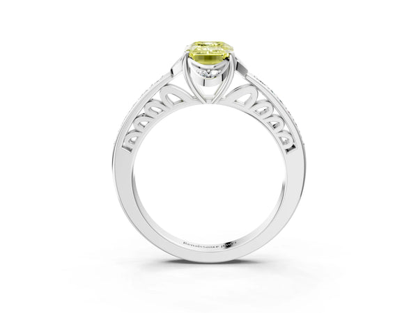 White gold Fancy Yellow Emerald  Cut Halo Diamond Ring with Channel Set Band and Four-Prong Setting