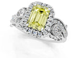 White gold Fancy Yellow Emerald Cut Halo Diamond Ring with Milgrain and Bezel Accents on a Split Shank Band_1
