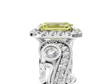 White gold Fancy Yellow Emerald Cut Halo Diamond Ring with Milgrain and Bezel Accents on a Split Shank Band_17
