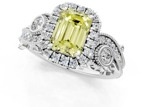 White gold Fancy Yellow Emerald Cut Halo Diamond Ring with Milgrain and Bezel Accents on a Split Shank Band_1