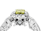 White gold Fancy Yellow Emerald Cut Halo Diamond Ring with Milgrain and Bezel Accents on a Split Shank Band_28