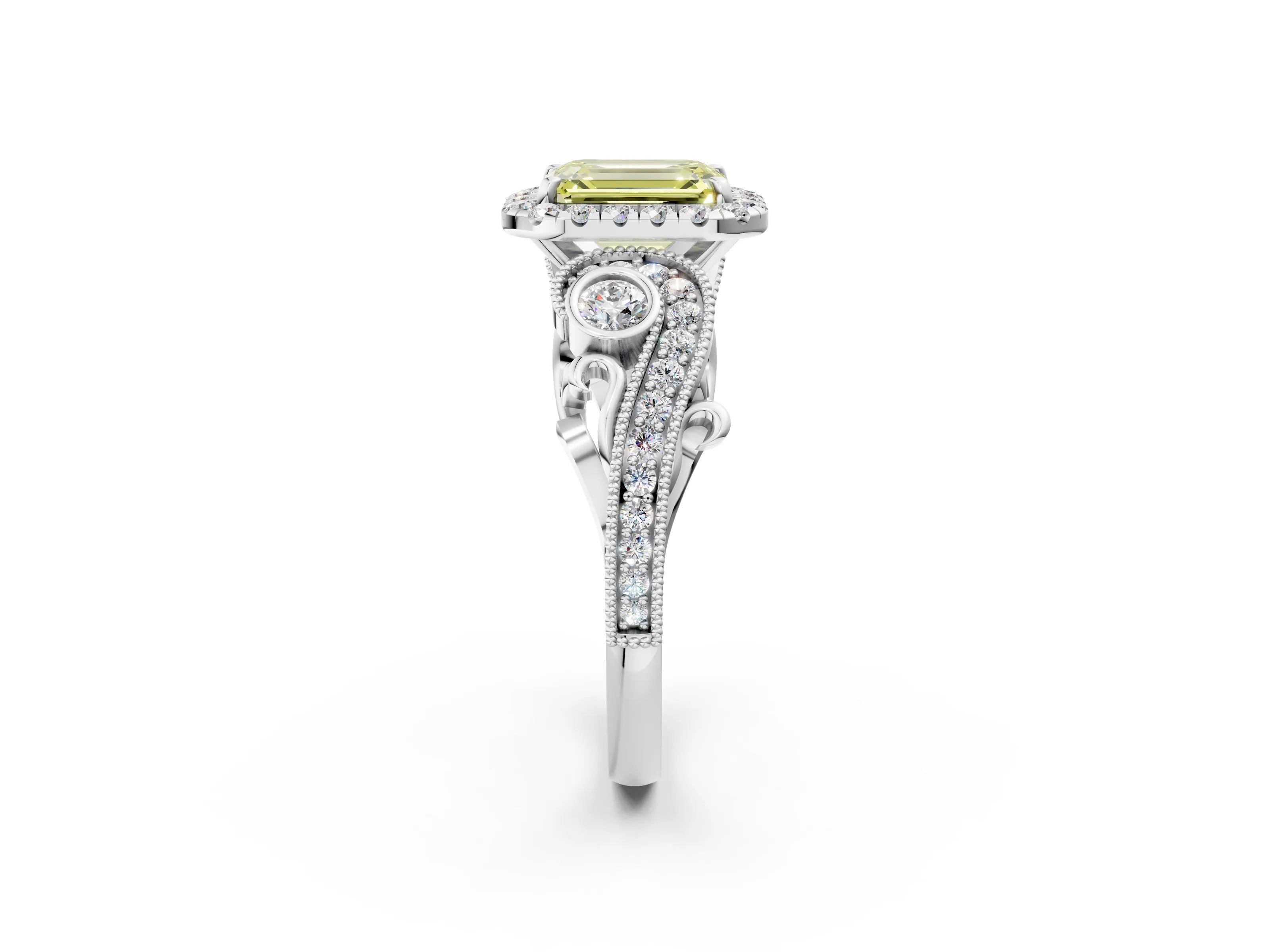 White gold Fancy Yellow Emerald Cut Halo Diamond Ring with Milgrain and Bezel Accents on a Split Shank Band_2