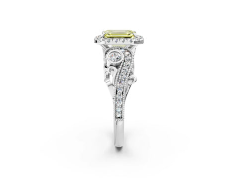 White gold Fancy Yellow Emerald Cut Halo Diamond Ring with Milgrain and Bezel Accents on a Split Shank Band_2