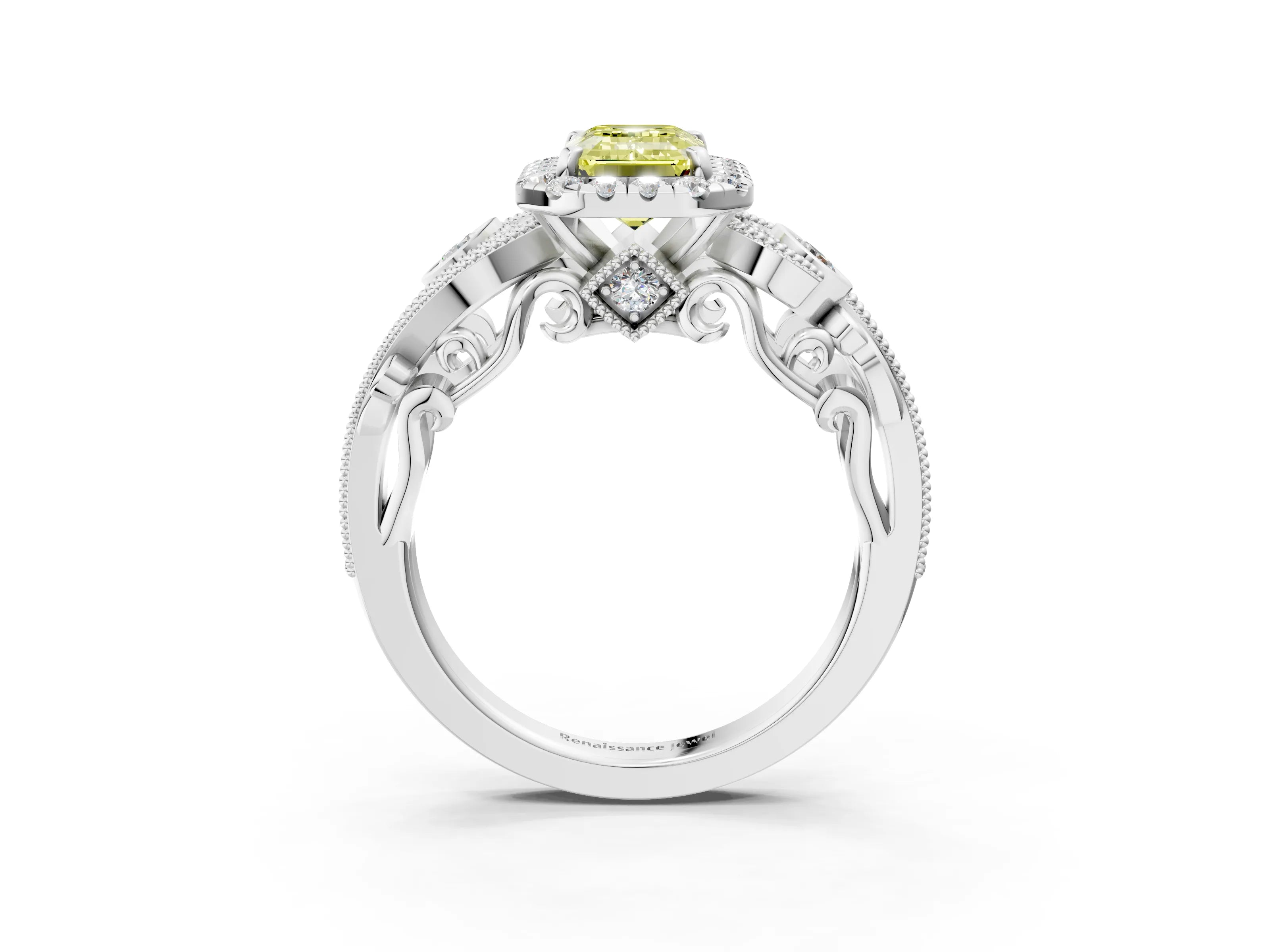 White gold Fancy Yellow Emerald Cut Halo Diamond Ring with Milgrain and Bezel Accents on a Split Shank Band_3