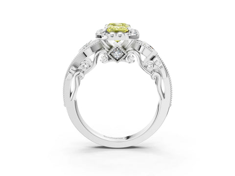 White gold Fancy Yellow Emerald Cut Halo Diamond Ring with Milgrain and Bezel Accents on a Split Shank Band_3