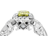 White gold Fancy Yellow Emerald Cut Halo Diamond Ring with Milgrain and Bezel Accents on a Split Shank Band_4