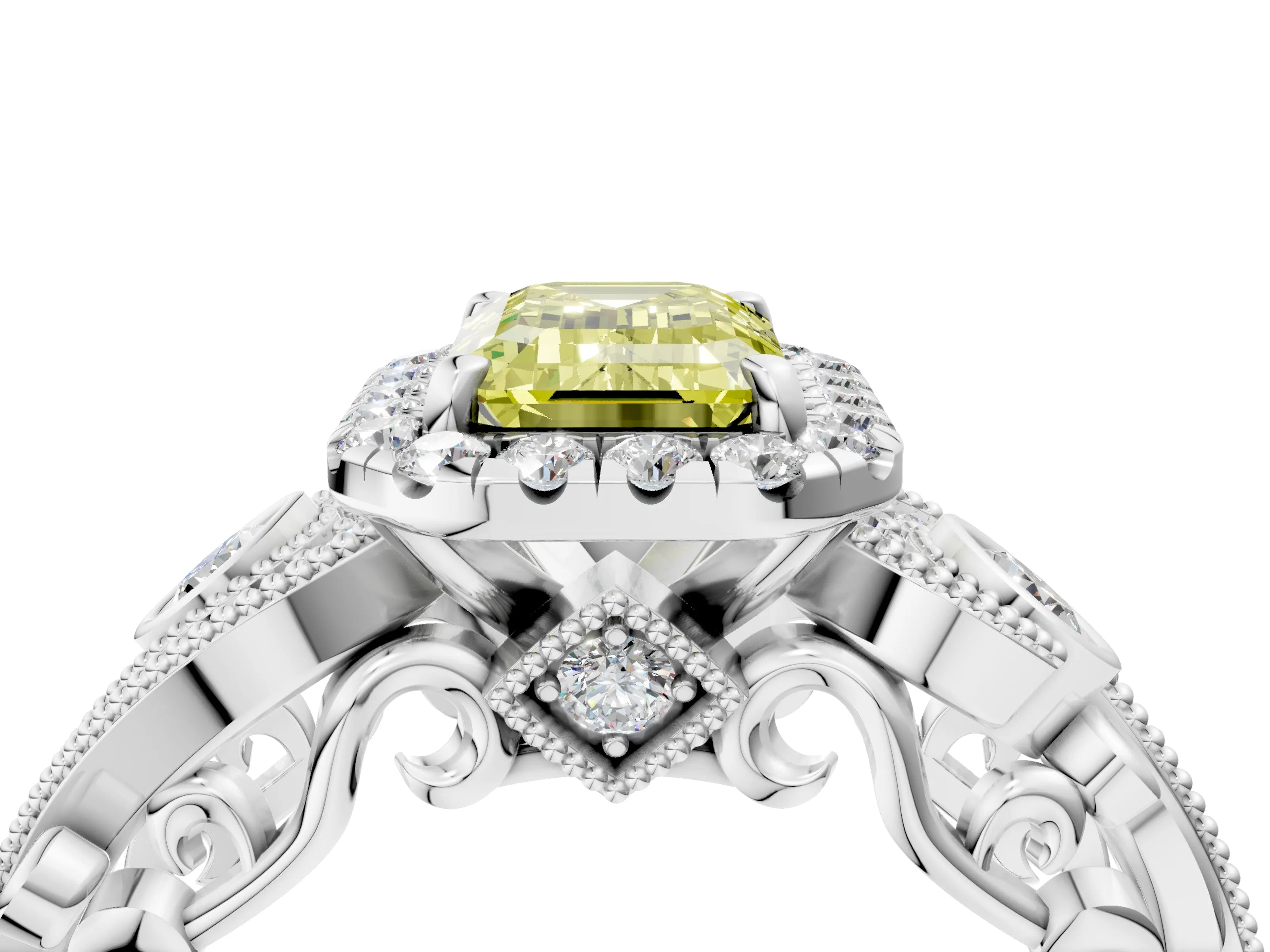 White gold Fancy Yellow Emerald Cut Halo Diamond Ring with Milgrain and Bezel Accents on a Split Shank Band_4