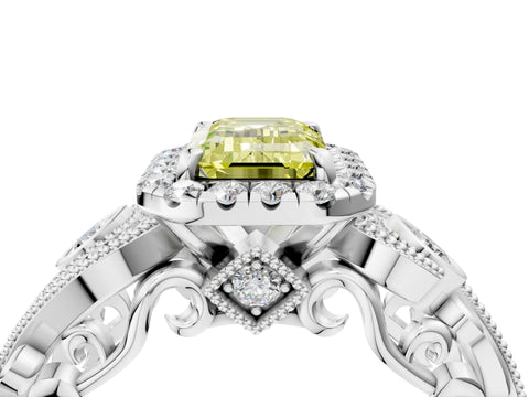 White gold Fancy Yellow Emerald Cut Halo Diamond Ring with Milgrain and Bezel Accents on a Split Shank Band_4