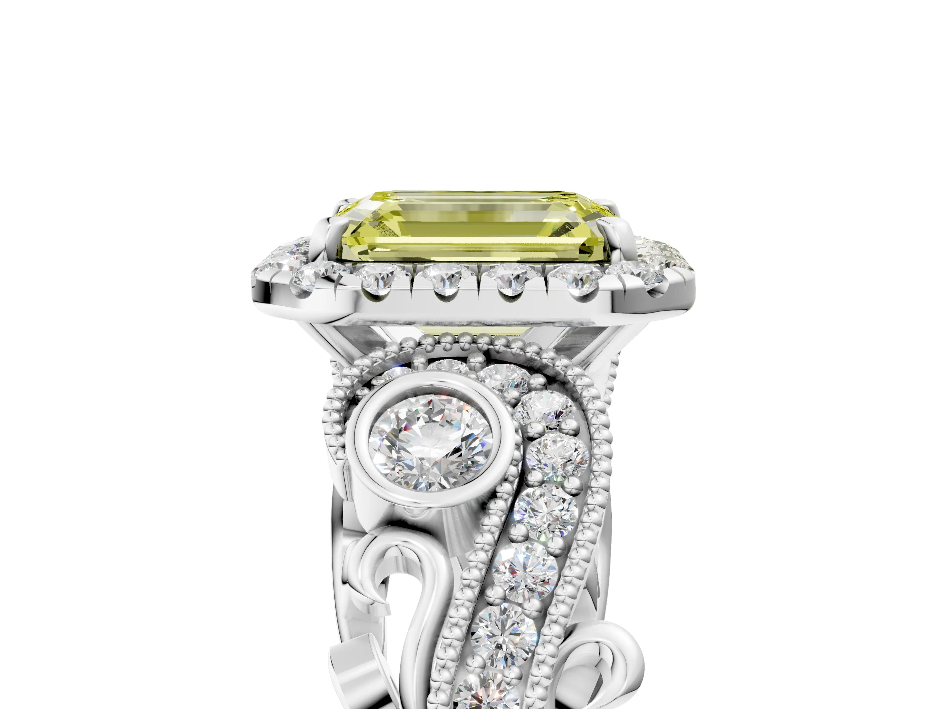 White gold Fancy Yellow Emerald Cut Halo Diamond Ring with Milgrain and Bezel Accents on a Split Shank Band_5