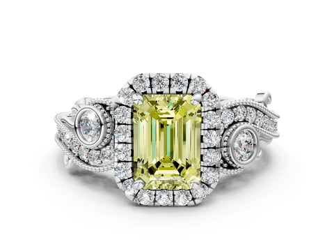 White gold Fancy Yellow Emerald Cut Halo Diamond Ring with Milgrain and Bezel Accents on a Split Shank Band