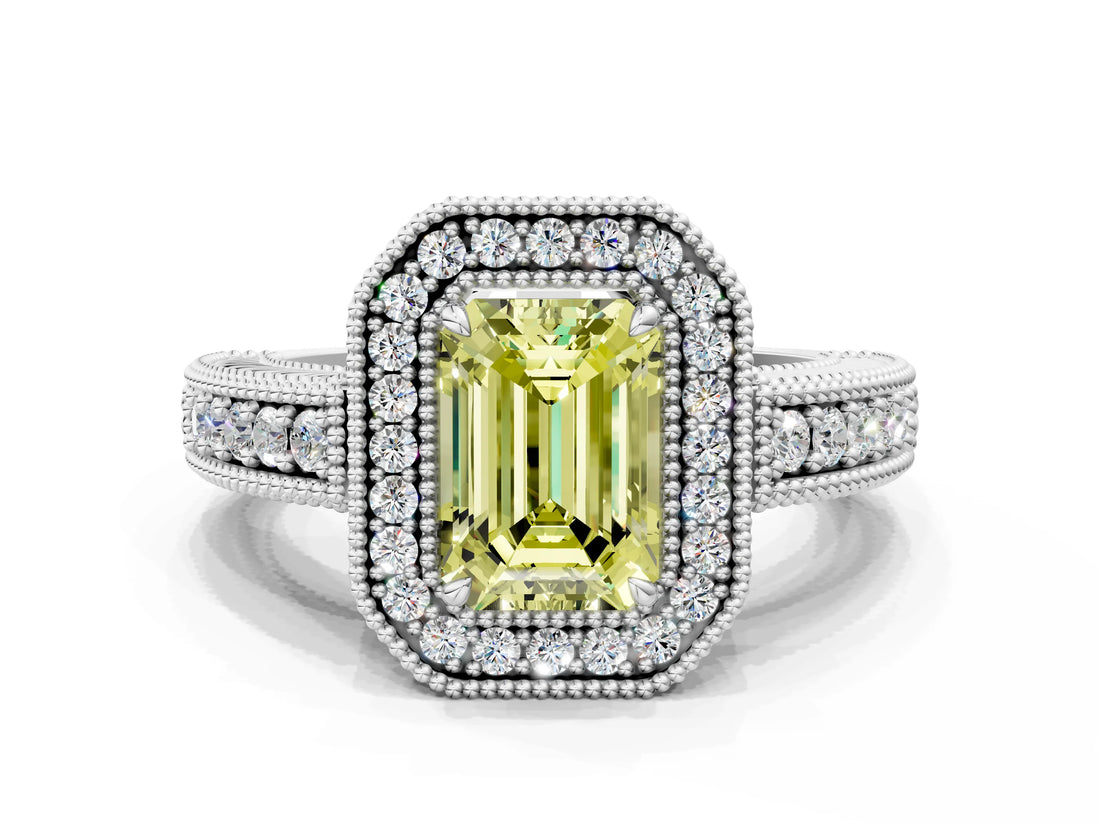 White gold Fancy Yellow Emerald  Cut Halo Diamond Ring with Pavé Band and Four-Prong Setting_69