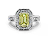 White gold Fancy Yellow Emerald  Cut Halo Diamond Ring with Pavé Band and Four-Prong Setting_69