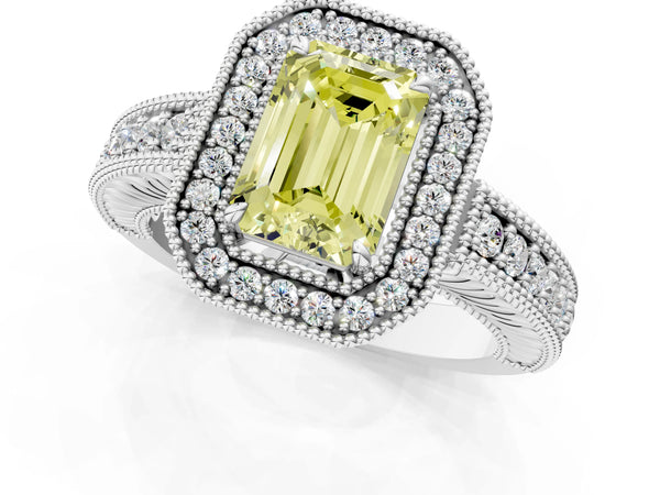 White Gold Emerald Cut Vintage Milgrain Halo Engagement Ring Setting for Fancy Yellow Center with Pave Band