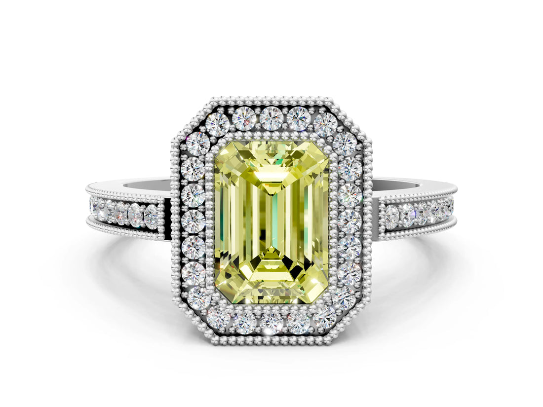 White gold Fancy Yellow Emerald  Cut Halo Diamond Ring with Pavé Band and Milgrain Prong Setting_32