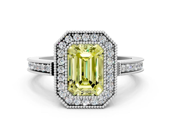 White gold Fancy Yellow Emerald  Cut Halo Diamond Ring with Pavé Band and Milgrain Prong Setting