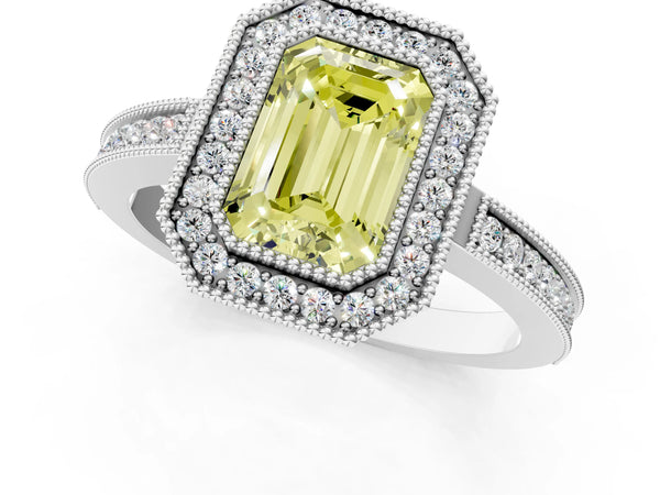 White gold Fancy Yellow Emerald  Cut Halo Diamond Ring with Pavé Band and Milgrain Prong Setting