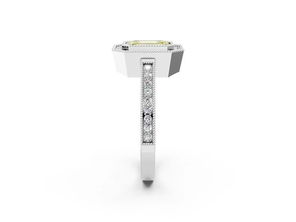 White gold Fancy Yellow Emerald  Cut Halo Diamond Ring with Pavé Band and Milgrain Prong Setting