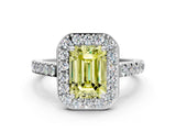 White gold Fancy Yellow Emerald Cut Halo Diamond Ring with Pavé Band and Three-Prong Setting_24