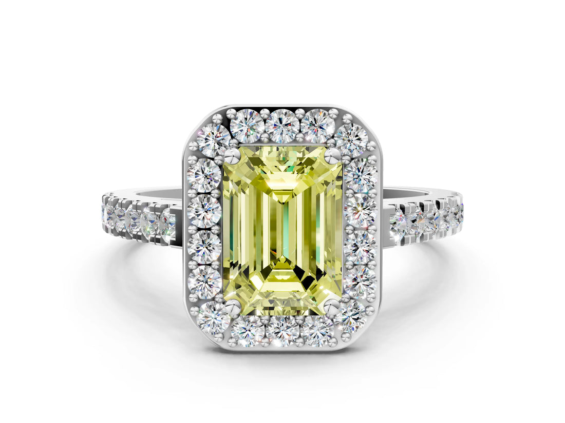 White gold Fancy Yellow Emerald Cut Halo Diamond Ring with Pavé Band and Three-Prong Setting_24