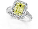 White gold Fancy Yellow Emerald Cut Halo Diamond Ring with Pavé Band and Three-Prong Setting_25