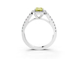 White gold Fancy Yellow Emerald Cut Halo Diamond Ring with Pavé Band and Three-Prong Setting_27