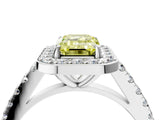 White gold Fancy Yellow Emerald Cut Halo Diamond Ring with Pavé Band and Three-Prong Setting_28