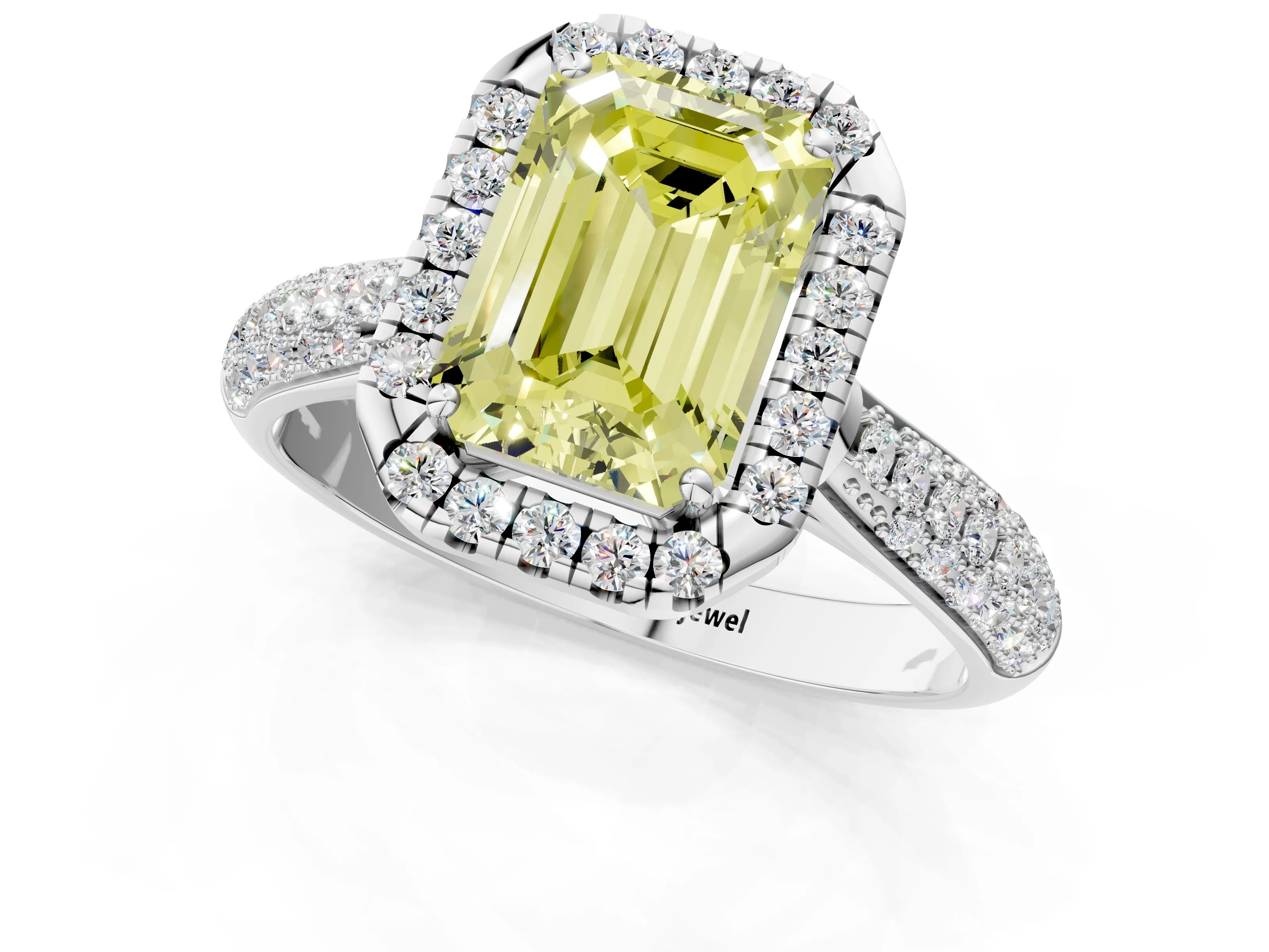 White gold Fancy Yellow Emerald Cut Halo Diamond Ring with Pavé Band_1