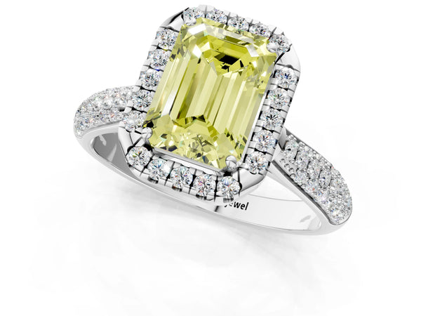 White gold Fancy Yellow Emerald Cut Halo Diamond Ring with Pavé Band