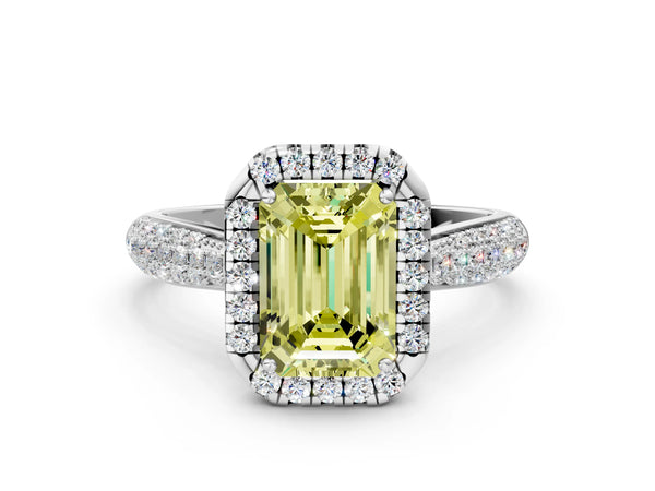 White gold Fancy Yellow Emerald Cut Halo Diamond Ring with Pavé Band