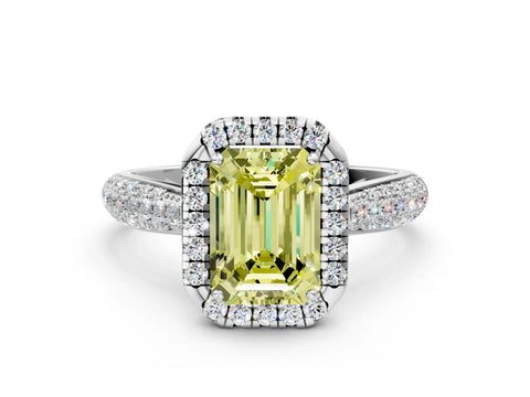White gold Fancy Yellow Emerald Cut Halo Diamond Ring with Pavé Band_36