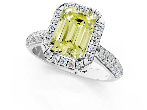 White gold Fancy Yellow Emerald Cut Halo Diamond Ring with Pavé Band