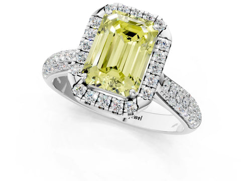 White gold Fancy Yellow Emerald Cut Halo Diamond Ring with Pavé Band_37