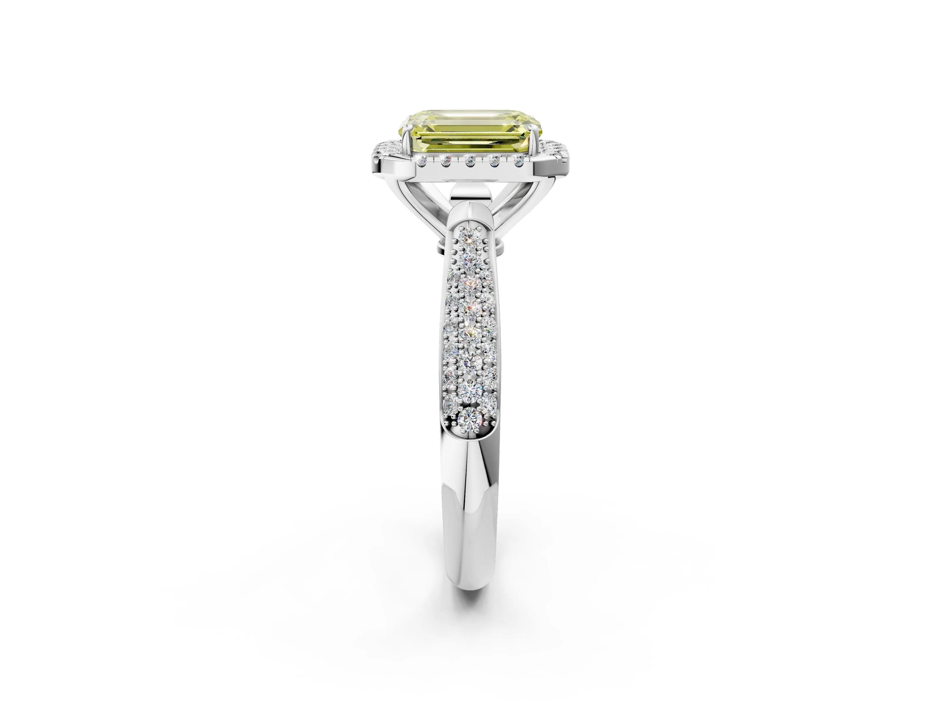 White gold Fancy Yellow Emerald Cut Halo Diamond Ring with Pavé Band_38