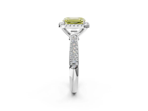 White gold Fancy Yellow Emerald Cut Halo Diamond Ring with Pavé Band