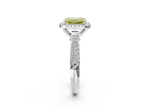 White gold Fancy Yellow Emerald Cut Halo Diamond Ring with Pavé Band_38