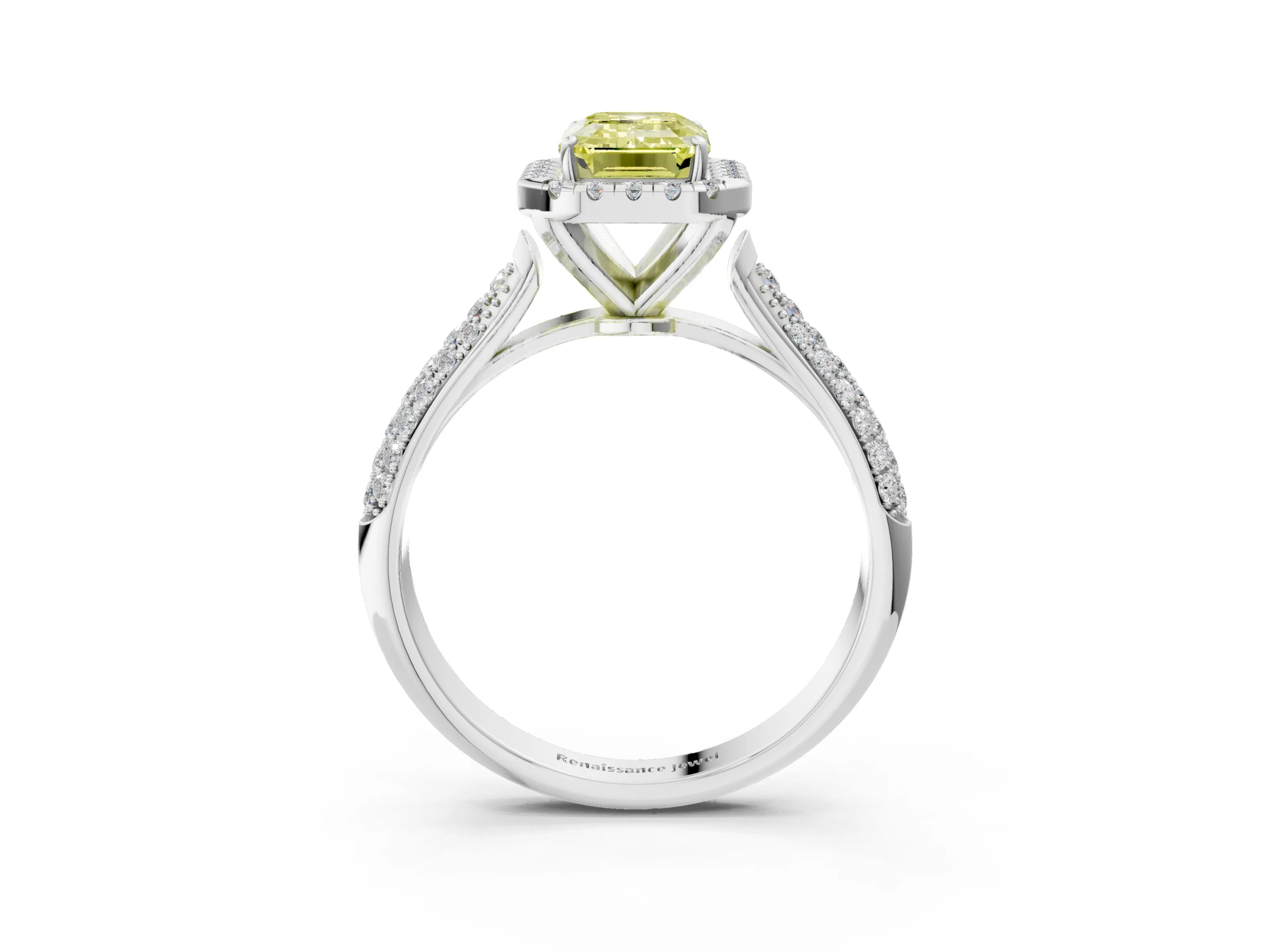 White gold Fancy Yellow Emerald Cut Halo Diamond Ring with Pavé Band_39