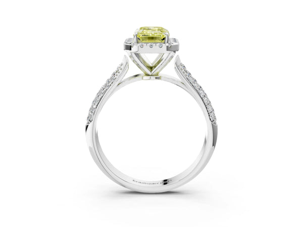 White gold Fancy Yellow Emerald Cut Halo Diamond Ring with Pavé Band