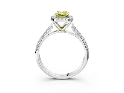 White gold Fancy Yellow Emerald Cut Halo Diamond Ring with Pavé Band_39
