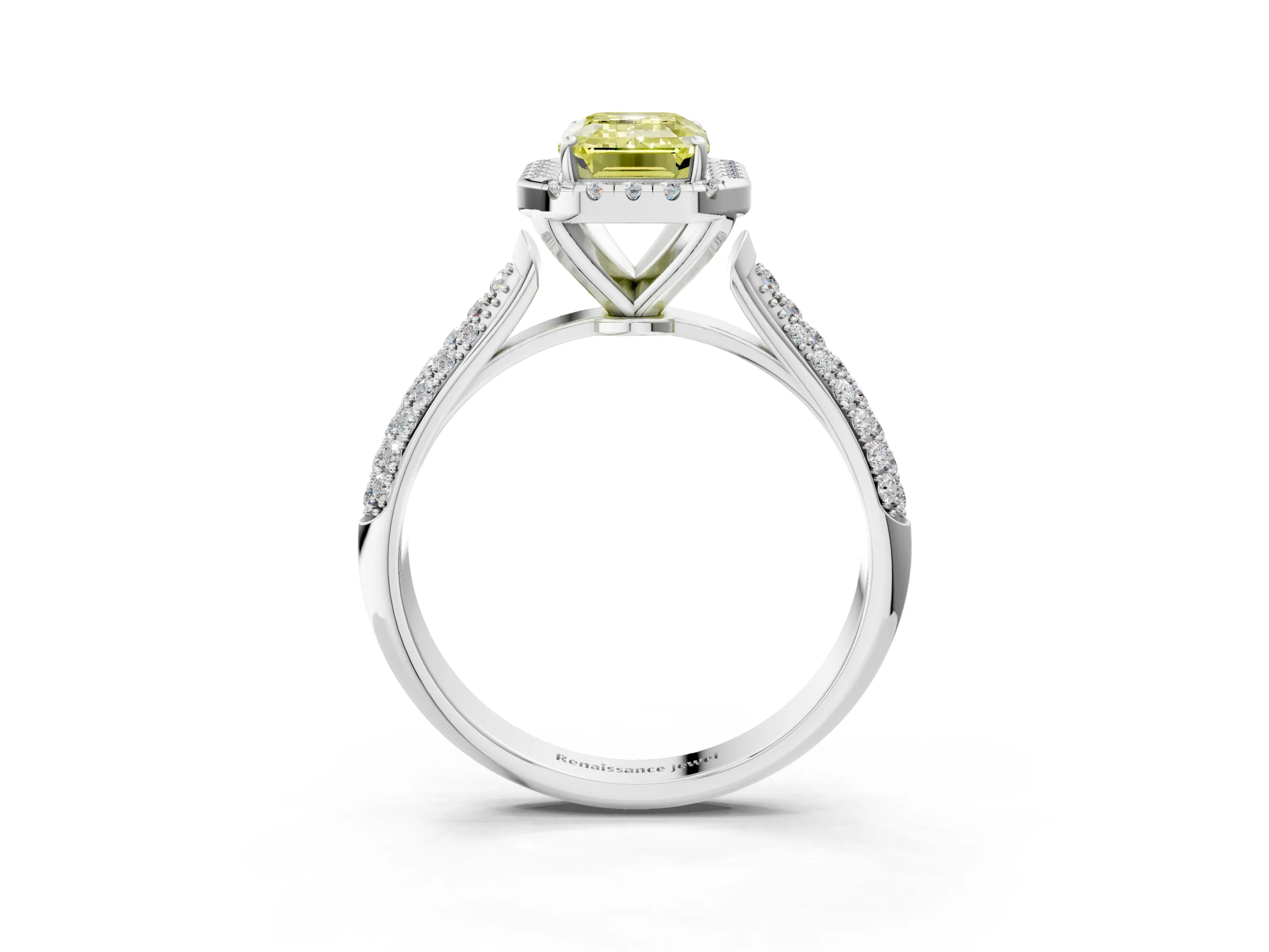 White gold Fancy Yellow Emerald Cut Halo Diamond Ring with Pavé Band_3