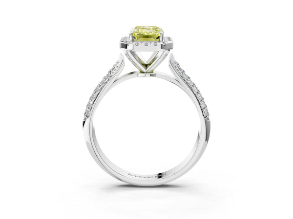White gold Fancy Yellow Emerald Cut Halo Diamond Ring with Pavé Band