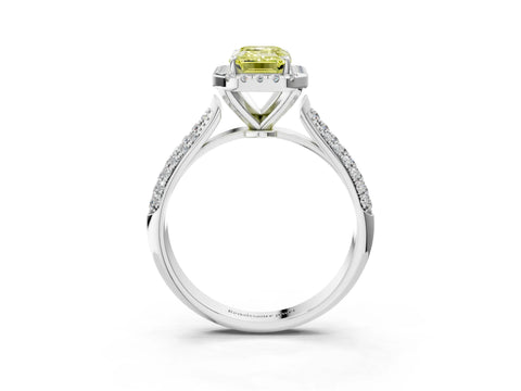 White gold Fancy Yellow Emerald Cut Halo Diamond Ring with Pavé Band_3
