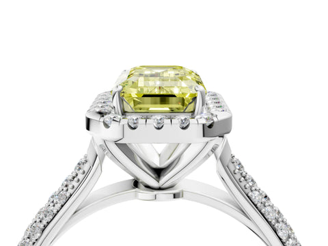 White gold Fancy Yellow Emerald Cut Halo Diamond Ring with Pavé Band_40