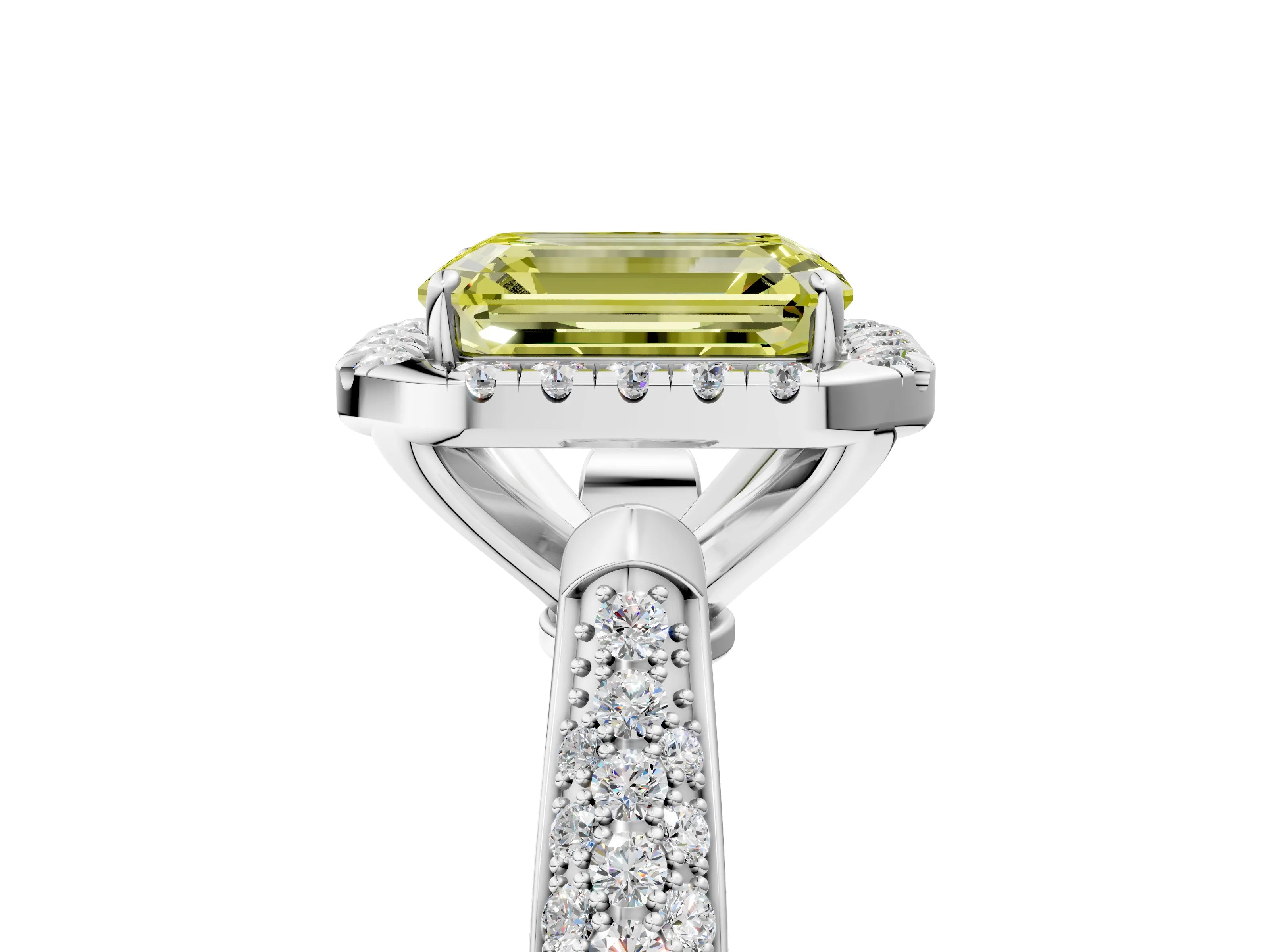 White gold Fancy Yellow Emerald Cut Halo Diamond Ring with Pavé Band_41