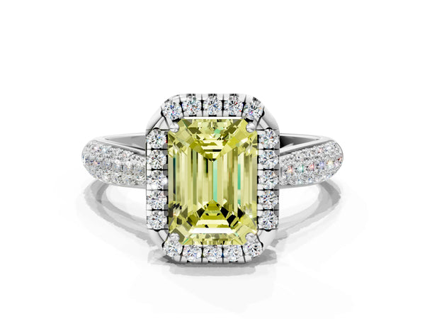 White gold Fancy Yellow Emerald Cut Halo Diamond Ring with Pavé Band