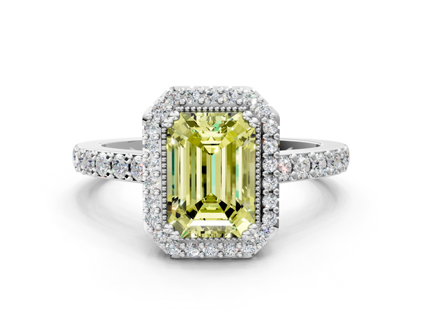 White gold Fancy Yellow Emerald  Cut Diamond Halo Engagement Ring with Milgrain Detail and Pavé Band