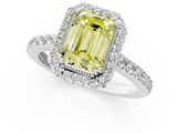 White gold Fancy Yellow Emerald  Cut Halo Diamond Ring with Pave Band and Four-Prong Setting_25
