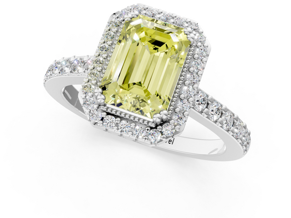 White gold Fancy Yellow Emerald  Cut Diamond Halo Engagement Ring with Milgrain Detail and Pavé Band