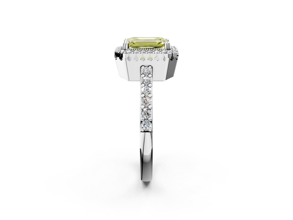 White gold Fancy Yellow Emerald  Cut Diamond Halo Engagement Ring with Milgrain Detail and Pavé Band
